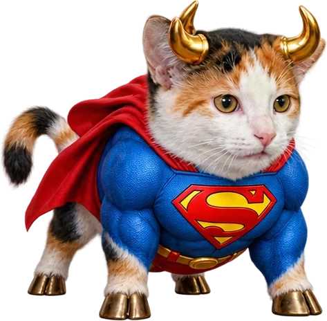 The super cat on all fours with golden bull horns and hooves